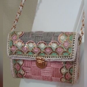 Handmade Pink & Gray Woven Crossbody, Turn-Lock
